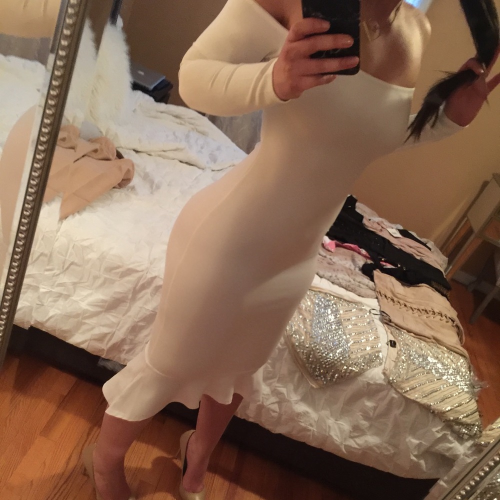 White fishtail-hem, off the shoulder dress